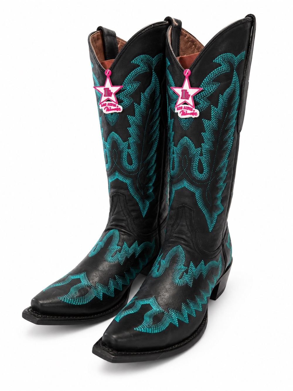 Los Altos Black Cowgirl Boots with Teal Embroidery